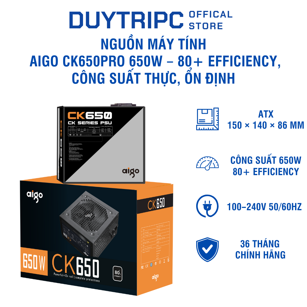 Nguồn máy tính AIGO CK650PRO 650W – 80+ Efficiency, công suất thực, ổn định